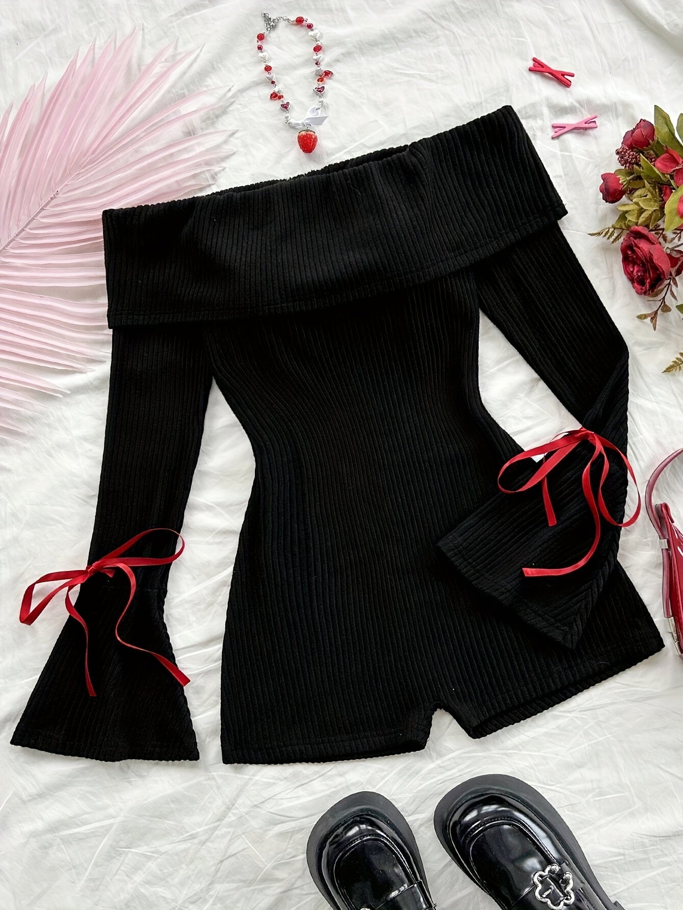 Elegant Direction Women'S New Autumn And Winter Knitted Solid Color Off-Shoulder Long Sleeve Flared Jumpsuit.
